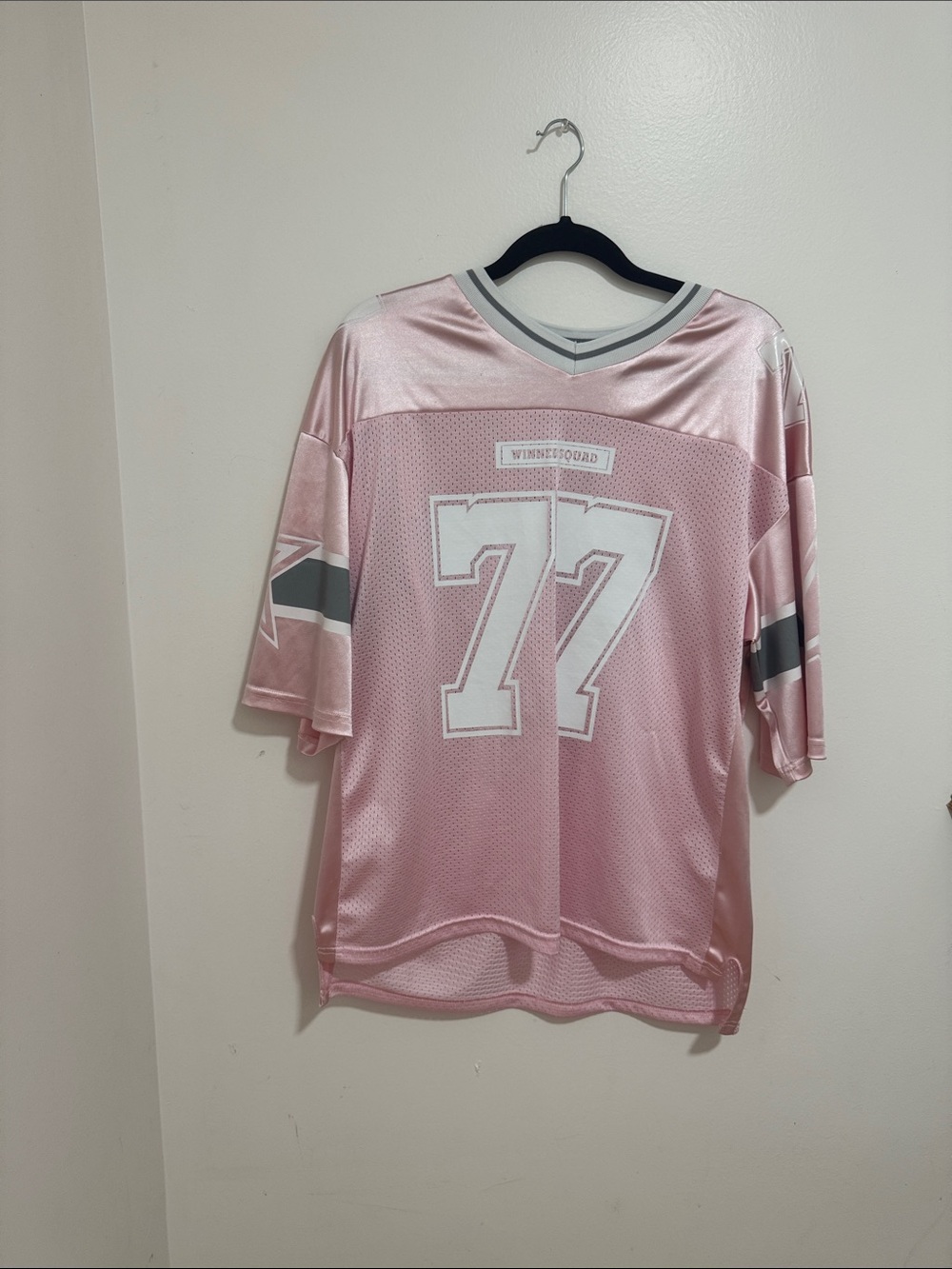AKIRA Pink Mesh Football Jersey 77 with Gray Accents